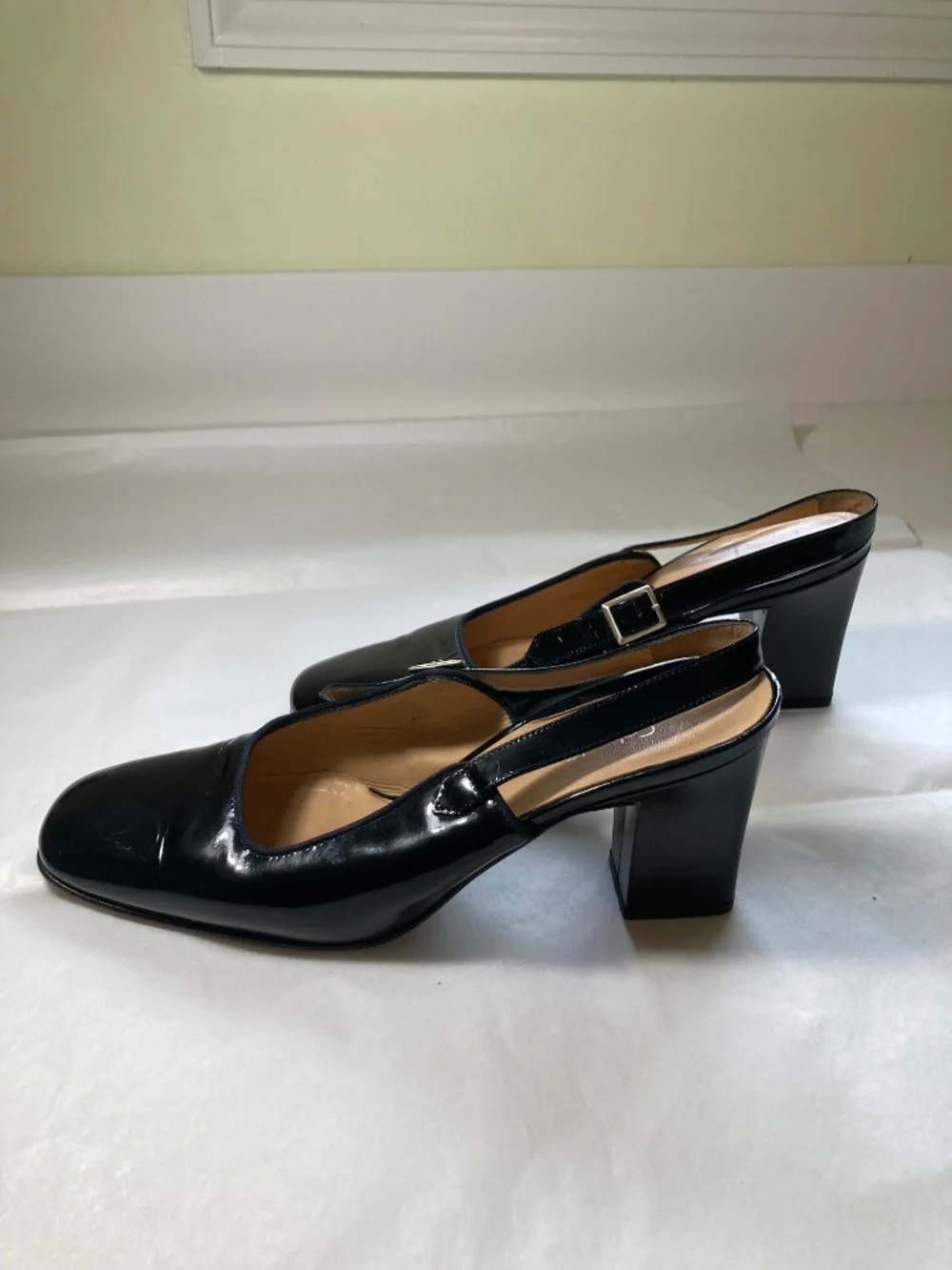 Calvin Klein S6 Slingback Patent Leather Block Heel Pumps - silver strap buckle